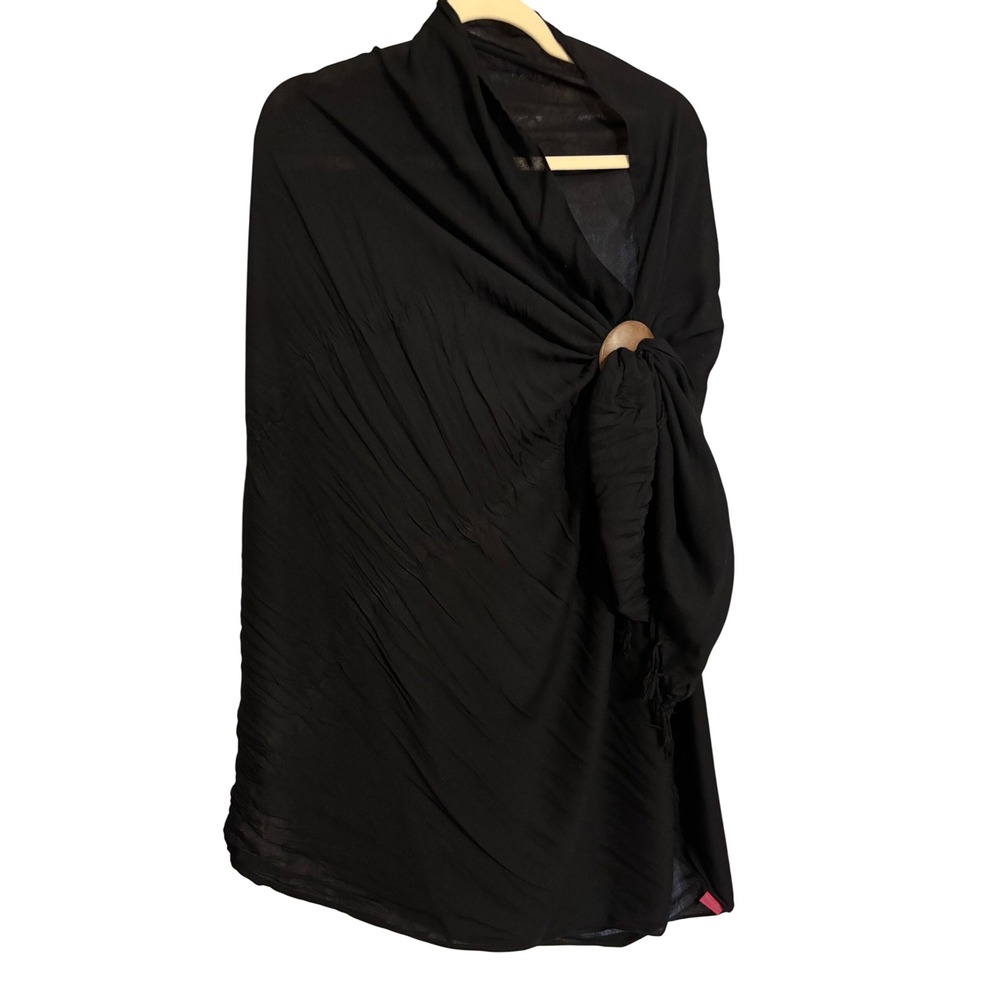 Shy Shi Black Beach Cover Up Wrap Black with Tassel & Wood Button Accents‎ EUC